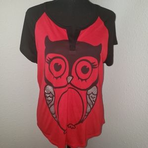 Juniors Red and Black Glittery Owl Top